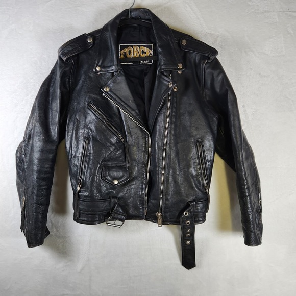 Force Leather Motorcycle Jacket Black Heavyweight Biker Coat Size 14 Distressed - Picture 1 of 10